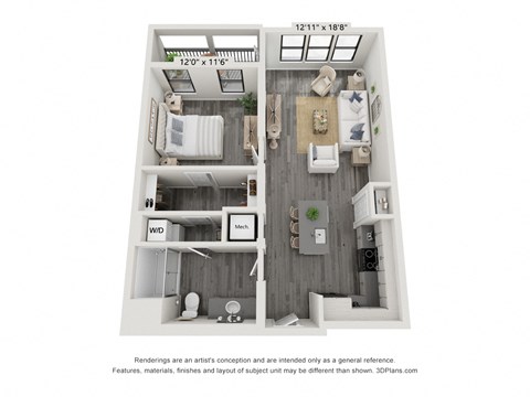 1 bedroom 1 bathroom 1D Floor Plan at The Indigo Apartments, Canton, GA